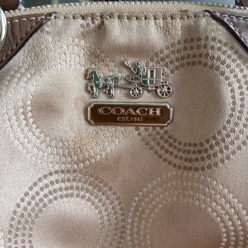 Coach Signature Jacquard Satchel Taupe Champagne Leather Shoulder Y2K Classic - Picture 4 of 6